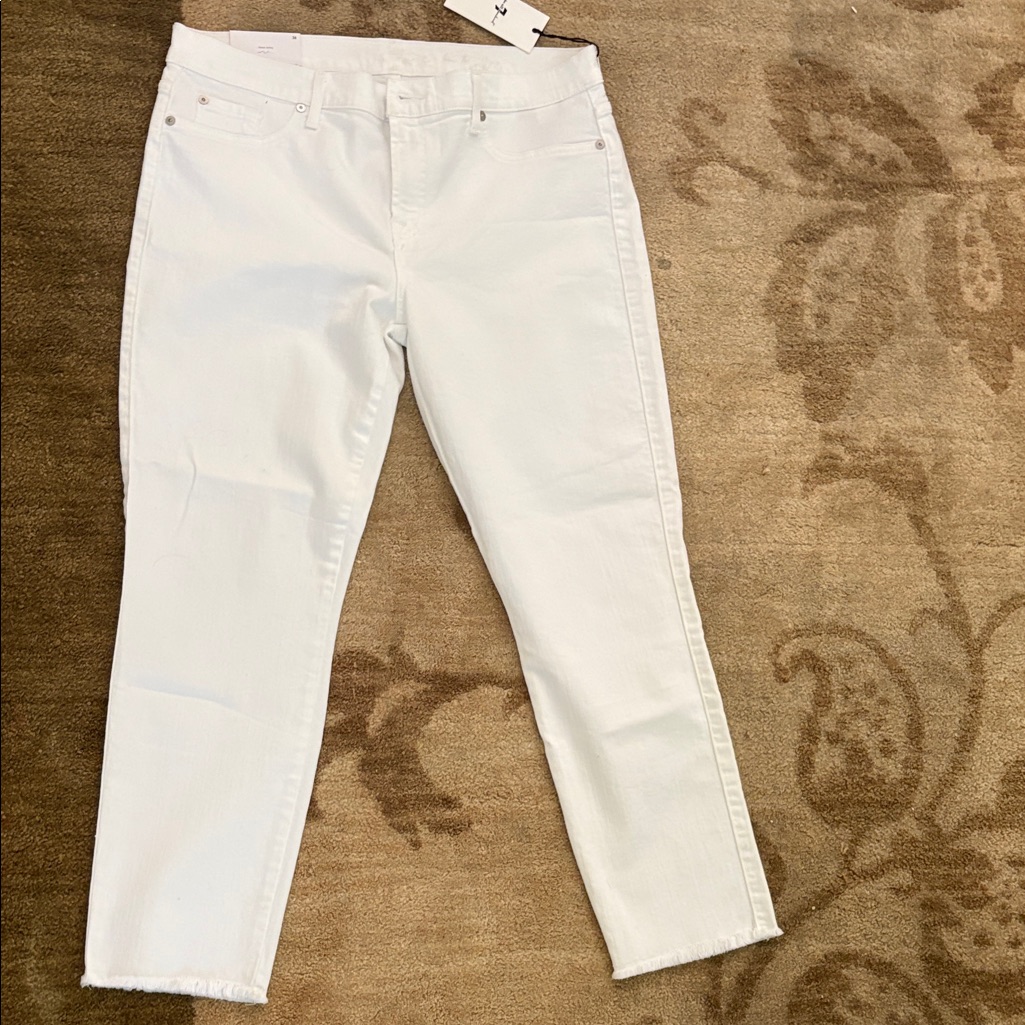 7 For All Mankind Women's Cropped White Jeans With Subtle Fringe